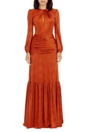 Dress The Population Lucille Pleated Ruched Long Sleeve Gown in Burnt Orange at Nordstrom Rack, Size Medium