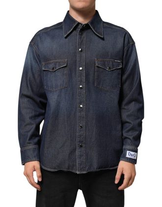Dolce & Gabbana Blue Denim Button Casual Logo Patch Men Shirt Cotton