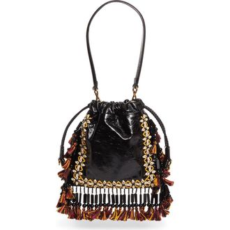 Etro Kalispera Embroidered Fringe Leather Shoulder Bag in Nero at Nordstrom