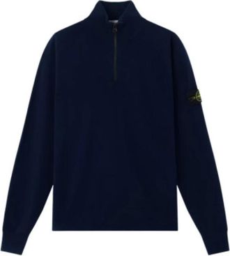 Stone Island Trui met Halve Rits van Fijne Gebreide Wol - Heren - V-hals truien - Blauw - S - Wol - Truien & Vesten