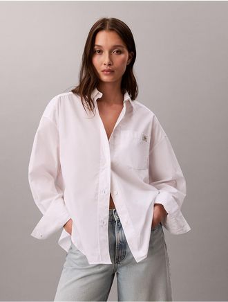Calvin Klein Jeans Calvin Klein Womens Woven Monologo Cropped Poplin Button-Down Shirt - White - XL