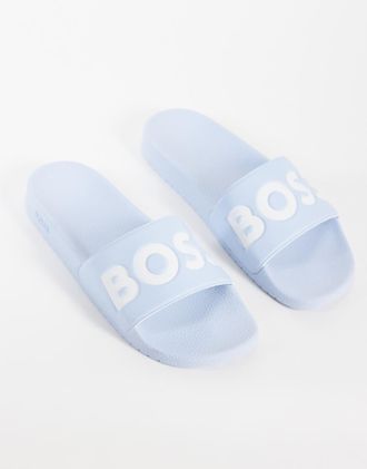 HUGO BOSS BOSS Black sliders con logo stampato in azzurro chiaro-Blu