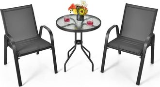 Costway Juego De Muebles Bistr&oacute; De 3 Piezas, 2 Sillas Textilene Y 1 Mesa De Cristal Templado/set De Conversaci&oacute;n Para Patio Con Tela Transpirable Jard&iacute;n, Balc