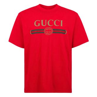 Gucci Bedruikt T-shirt van zijdeblend jersey - Heren - Tops - Rood - Maat: L Zijde
