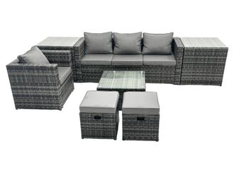 Fimous 6 Seater Patio Lounge Sofa Set with Side Table 2 Small Footstool in Dark Grey