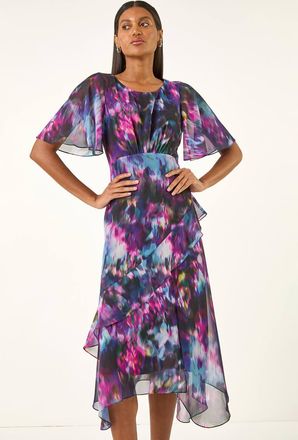 Roman Blurred Floral Frill Midi Dress
