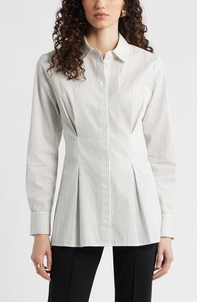 Nordstrom Stripe Pleat Waist Button-Up Shirt in Ivory- Navy Dylan Stripe at Nordstrom, Size Xx-Small
