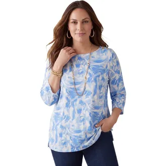 Jessica London Stretch Cotton Boatneck Tunic in Blue Brush Strokes at Nordstrom, Size 36