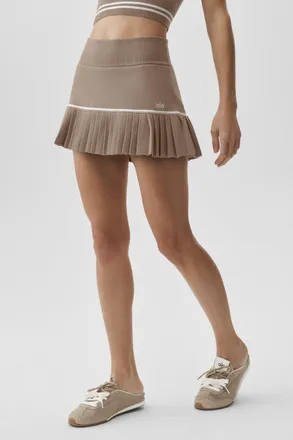 Alo | Scholar Knit High-Waist My Serve Tennis Skirt in Gravel/White, Size: Medium