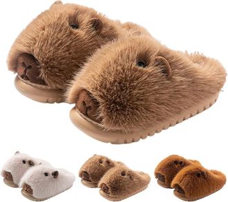 Generic Capybara Slippers, Winter Cozy Cute Fluffy Animal Capybara Slippers for Women Men Indoor (Khaki B, One Size, Adult, Women, 4, Numeric Range, UK Footwe