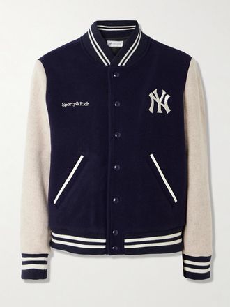 Sporty & Rich + 47 & New York Yankees Bomber In Feltro Di Lana Con Ricami E Finiture In Pelle - Blu