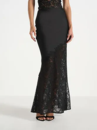 Mani&egrave;re De Voir Belle Satin Lace Maxi Skirt in Black at Nordstrom, Size 10
