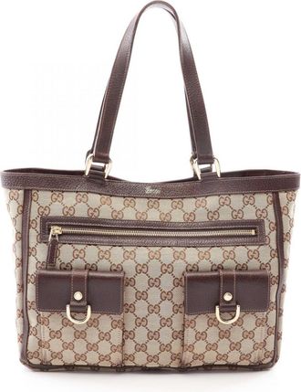 Gucci Beige Brown Canvas Leather Handbag Tote Bag (Pre-Owned)