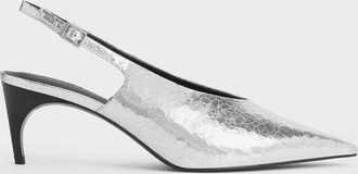 Charles & Keith Metallic Crinkle-Effect Pointed-Toe High-Vamp Slingback Pumps