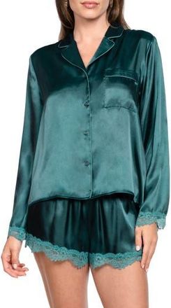 In Bloom by Jonquil Felicity Lace Trim Long Sleeve Satin Shorts Pajamas in Pine Green at Nordstrom Rack, Size Large