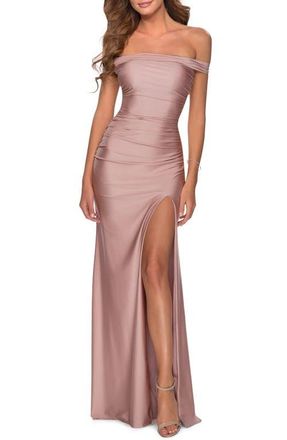 La Femme Off the Shoulder Dress with Tie Back and Slit in Mauve at Nordstrom, Size 16