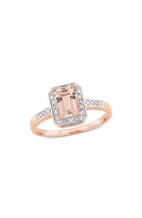Delmar Emerald Cut Morganite & Diamond Halo Ring in Pink at Nordstrom Rack, Size 6