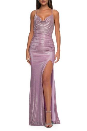 La Femme Metallic Rhinestone Jersey Dress with Ruching and Low Back in Light Pink at Nordstrom, Size 4