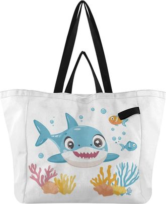 Generic Shark Coral Fishes White print Reusable Canvas Tote Bag, Heavy Duty Grocery Shopping Bag with Large Capacity Hard Bottom Double Handles Work Groceries