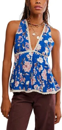 Free People Rome Printed Lace Trim Tank in Navy Combo at Nordstrom, Size X-Small