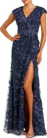 Mac Duggal Petite Faux Wrap Embroidered Cap Sleeve Gown in Midnight at Nordstrom, Size 10