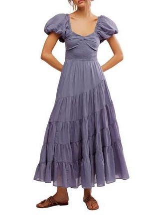 Free People Sundrenched Smocked Puff Sleeve Maxi Dress in Blue Granite at Nordstrom Rack, Size Medium