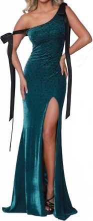Johnathan Kayne One-Shoulder Stretch Satin Evening Gown In Teal