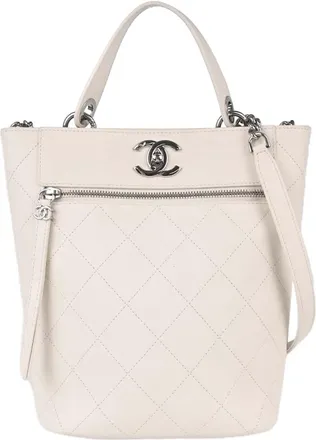 Chanel Cc Top Handle Bucket Stitched Calfskin White Leather Handbag (Pre-Owned)