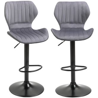 HOMCOM Bar Stool Set of 2 Velvet-Touch Fabric Adjustable Height Swivel Counter Chairs with Footrest - Grey | TJ Hughes