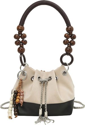 Generic Drawstring Bucket Bag, Hand Bags for Women Stylish Beaded Drawstring and Lightweight Handbag, Retro Bucket Bag. (White)