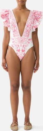 Camilla Plunge One Piece W Pleated Ruffle Sleeves in Livin La Vida Rosa at Nordstrom, Size X-Small