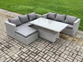 Fimous Outdoor Rattan Garden Funiture Set Height Adjustable Rising Lifting Table Sofa Dining Set with Big Footstool in Light Grey