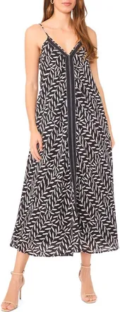 Halogen Leaf Print Contrast Detail Shift Dress in Rich Black 060 at Nordstrom Rack, Size X-Large