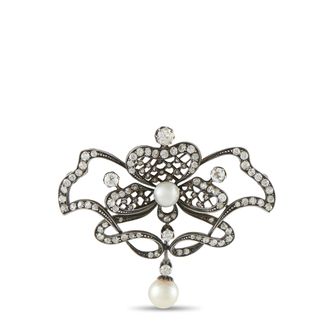 Luxury Bazaar Antique 14K White Gold and Silver 1.70ct Diamond and Pearl Brooch MF05-080326