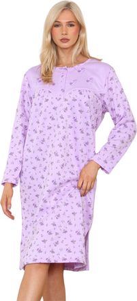 Generic Women Thermal Nightwear Floral Print Long Sleeve Button Winter Nightie M to 2XL Lavender