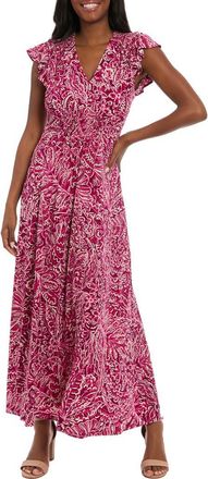London Times Flutter Sleeve Smocked A-Line Maxi Dress in Plum/Pink at Nordstrom Rack, Size 4