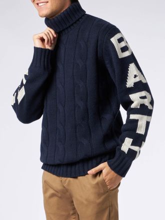 MC2 Saint Barth Man Navy Blue Cable Knit Sweater Fisherman With Saint Barth Jacquard
