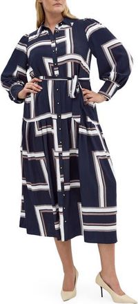 City Chic Kinsley Tie Waist Long Sleeve Shirtdress in Sleek Stripes at Nordstrom, Size Xl