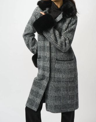 Joseph Ribkoff Feather Yarn Plaid Jacquard Coat In Black/white