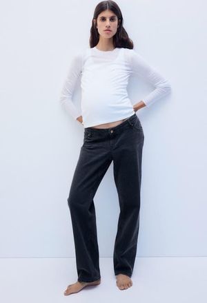 H&M Mama Straight Low Waist Jeans in Denim Black at Nordstrom, Size X-Large