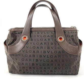 Bulgari Logomania Brown Leather Canvas Boston Bag Handbag Tote Bag (Pre-Owned)
