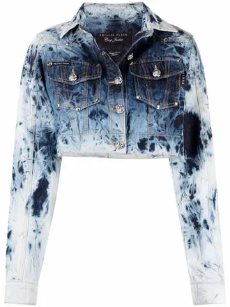 Philipp Plein bleached-effect cropped denim jacket - women - Polyester/Cotton/Cotton - L - Blue