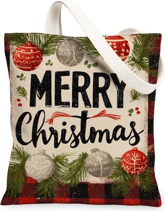 Generic Christmas Pinecones Canvas Tote Bags, Holiday Pattern Reusable Grocery Bags, Winter Rustic Lightweight Washable Shoulder Strap Canvas for Travel Picni