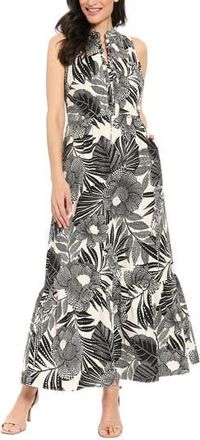 London Times Ruffle Sleeveless Stretch Cotton Maxi Dress in Brilliant White/Black at Nordstrom Rack, Size 10
