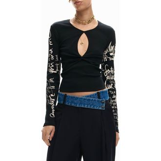 Desigual Cutout Long Sleeve Cotton Graphic T-Shirt in Black at Nordstrom, Size X-Large