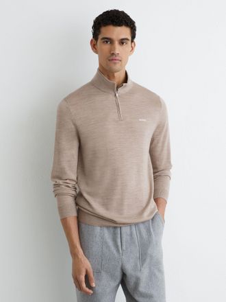 Reiss Wheat Melange Merino Wool Half-zip Logo Jumper, Xxl