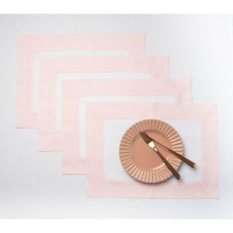 Solino Home Linen Placemats Set of 4, 14 x 19 Inch for Dining Table, Holiday and Everyday Table Decor - Contempo in Blush Pink And White at