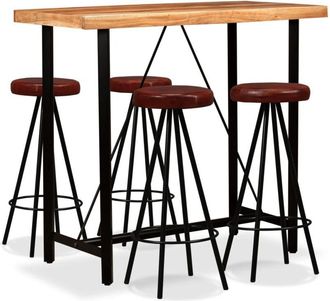 vidaXL Set muebles de bar 5 pzas madera maciza acacia cuero genuino vidaXL
