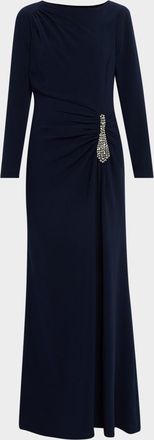 Teri Jon Ruched Crystal-Embellished Crepe Gown