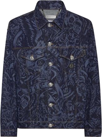 Philipp Plein tattoo denim jacket - men - Cotton/Elastane/Polyester/Cotton - L - Blue